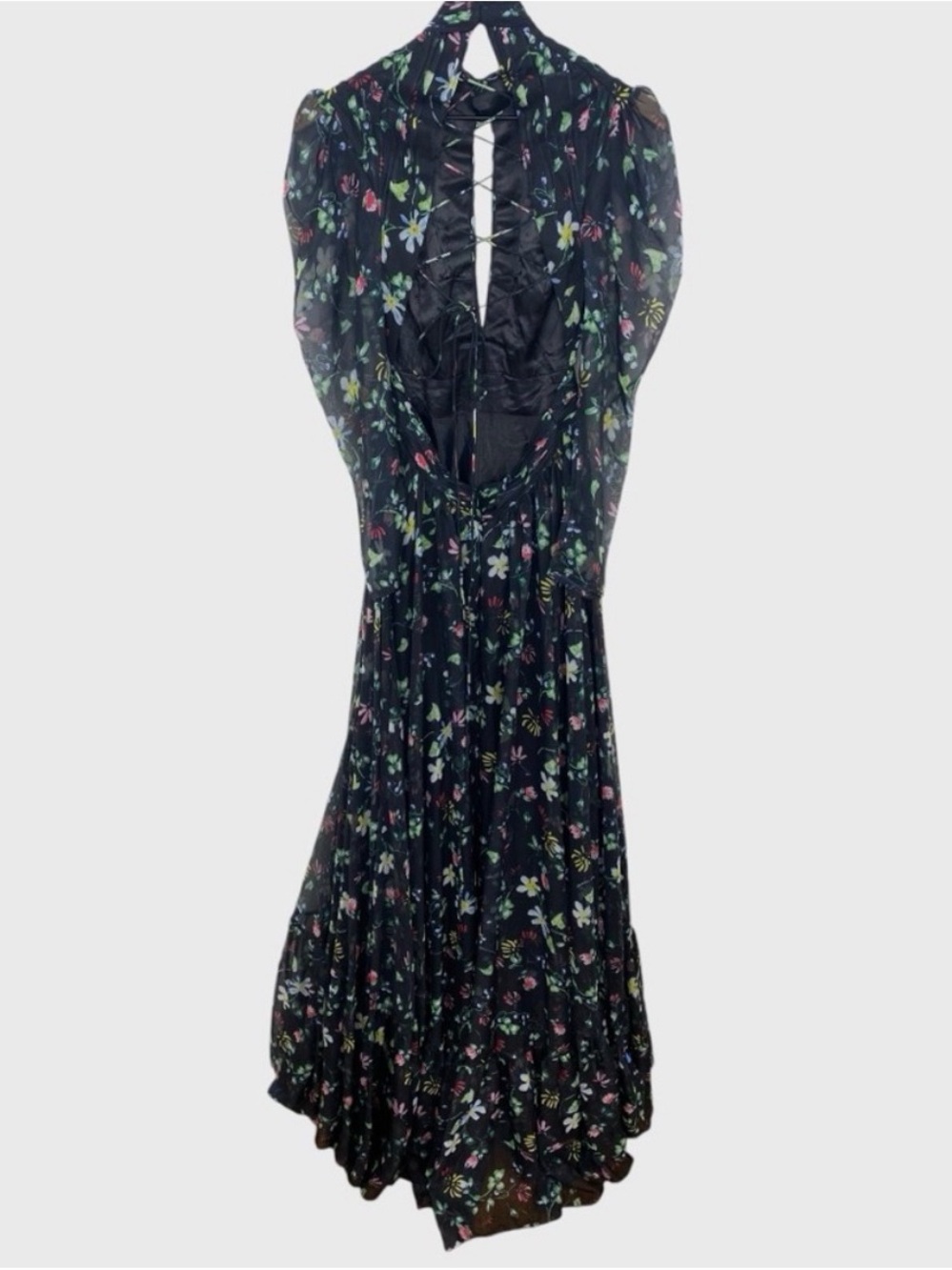 Mac Duggal Black Multicolor Floral High Neck Puff Sleeve Lace Up Back Gown - Picture 4 of 10